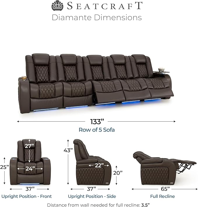 Seatcraft Diamante Zero-Gravity CoolZero Italian Leather Home Theater Seating, Power Headrest, Power Recline, Row of 5 Sofa, Brown