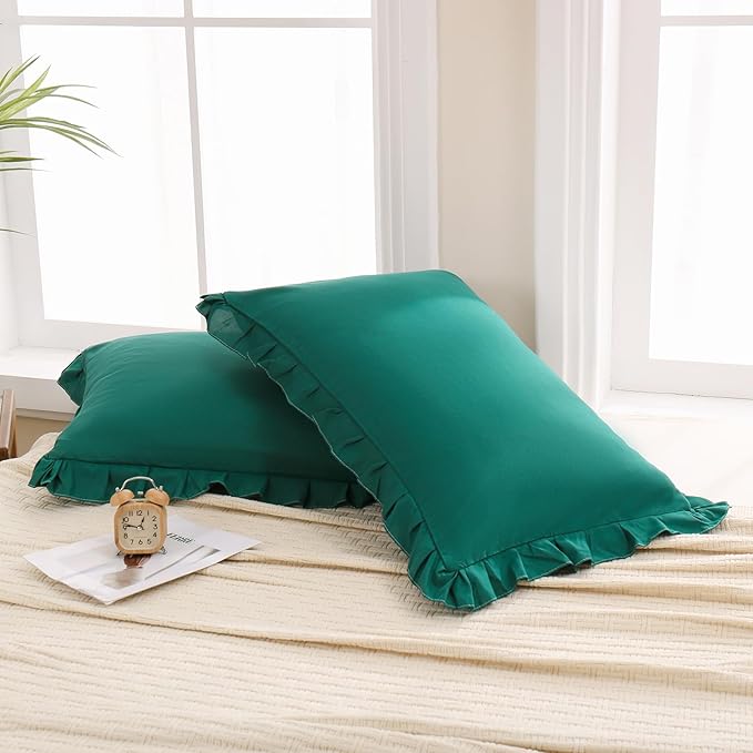 Merryword Dark Green Pillow Shams Green King Pillowcases Cute Pillow Cover Set of 2 Soft Shabby Chic Ruffled Pillowcases 2 Pack (King (20''x36''), Dark Green)