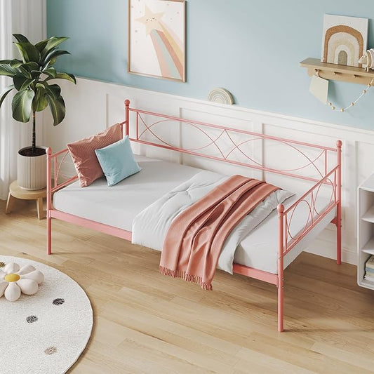 IDEALHOUSE Twin daybed with Trundle, Metal Twin Daybed and Trundle Set, Day Bed Sofa Bed Frame with Steel Slat Support, Multifunctional Daybed Frame for Bedroom (Pink Daybed)
