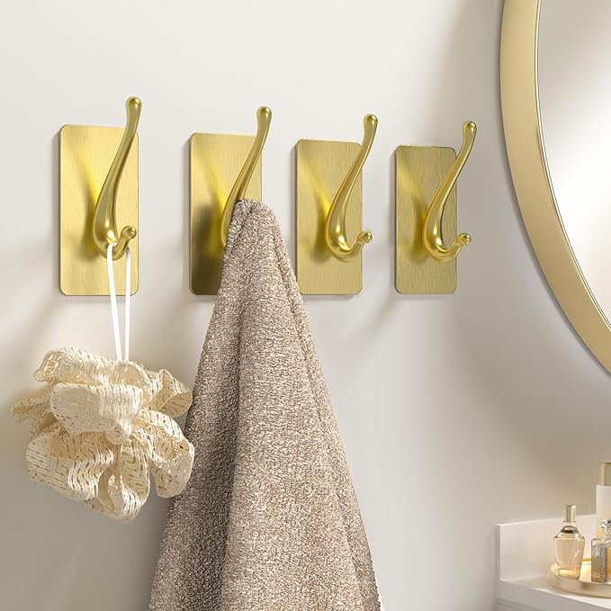 Towel Hooks, Solid Alloy Adhesive Wall Hooks for Hanging, Towel Hooks for Bathroom, RV, Kitchen, Closets, etc (Gold, 2 Pack)