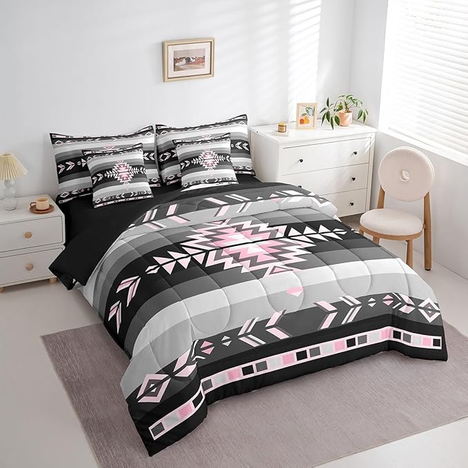 Southwest Native American Bedding Set Twin Southwestern Geometric 7 Piece Bedding Set Decor Tribal Pink Grey Black Bed Set Includes Comforter, Sheet Set, Pillowcases & Pillow Covers Modern Art Bedroom
