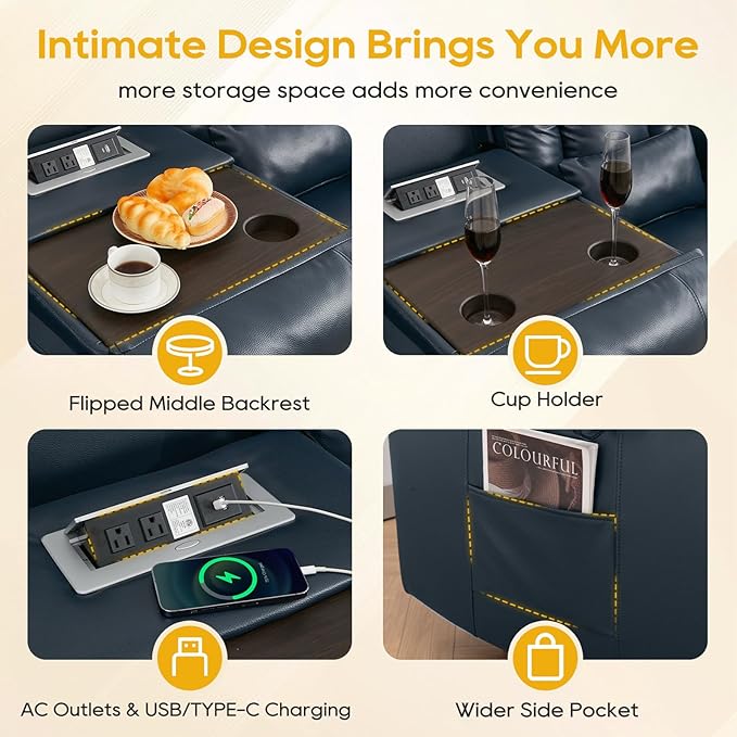 IPKIG 76" Power Reclining Sofa, Electric Home Theater Seating with Flipped Middle Backrest/LED Lighting/USB Ports/Built-in Outlets, Dual Recliner Sofa 3 Seater for Living Room RV (Blue)