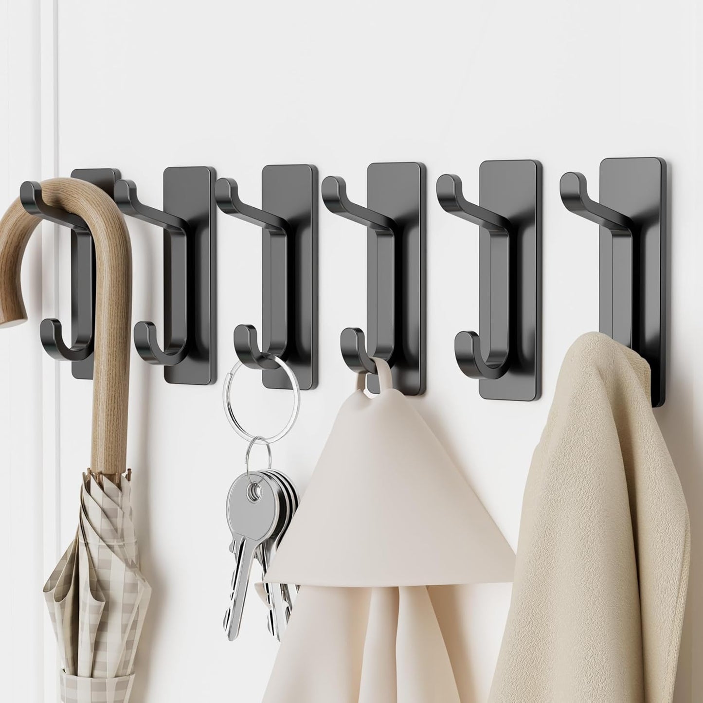Self Adhesive Wall Hooks for Hanging: Extra Strong 13 LB, Hook for Coat, Towel in Bathrooms, Shower, Kitchen, Wall, Door Hook, Black 6 Pack