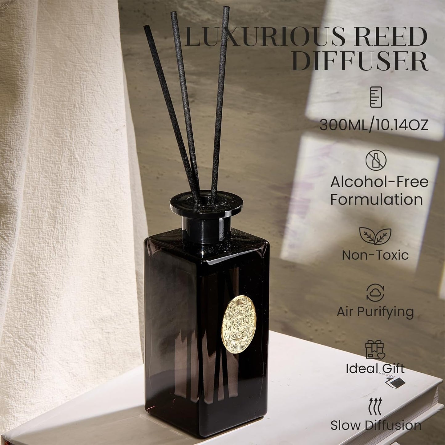 M&SENSE 10.14 oz Large Reed Diffuser Set | Oud Wood Scent Oil Diffuser with Sticks | Hotel Collection Non-Toxic Essential Oil |for Bedroom Bathroom Living Room