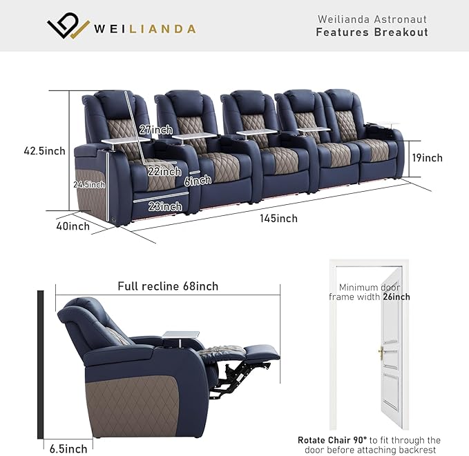 Home Theater Seating, Top Grain Leather Movie Seats Recliner Chair, Zero Gravity Reclining Gaming Sofa with Power Headrest 7 Colors Ambient Lighting 5 Seats Loveseat Left Blue Grey