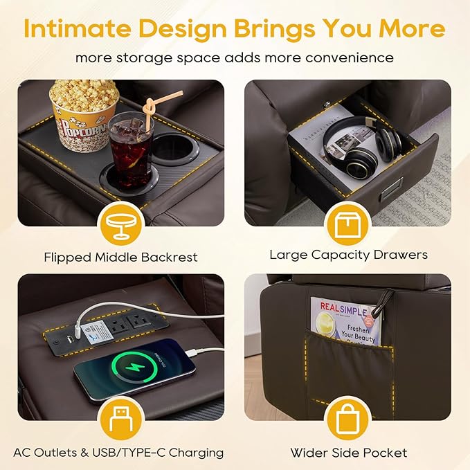 IPKIG 67" Power Reclining Loveseat Sofa, Electric Home Theater Seating with Console/4 Colors Ambient Lighting/Bluetooth Speakers/USB Ports/Built-in Outlets (Brown, Loveseat Recliner)