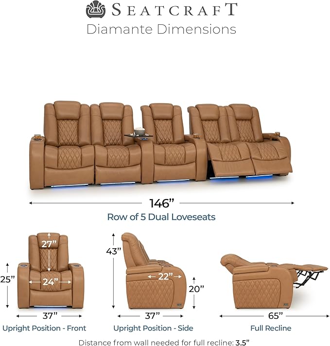 Seatcraft Diamante Zero-Gravity CoolZero Italian Leather Home Theater Seating, Power Headrest, Power Recline, Row of 5 Dual Loveseats, Tan Oak