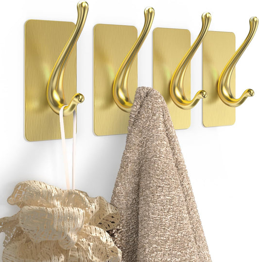 Towel Hooks, Solid Alloy Adhesive Wall Hooks for Hanging, Towel Hooks for Bathroom, RV, Kitchen, Closets, etc (Gold, 4 Pack)