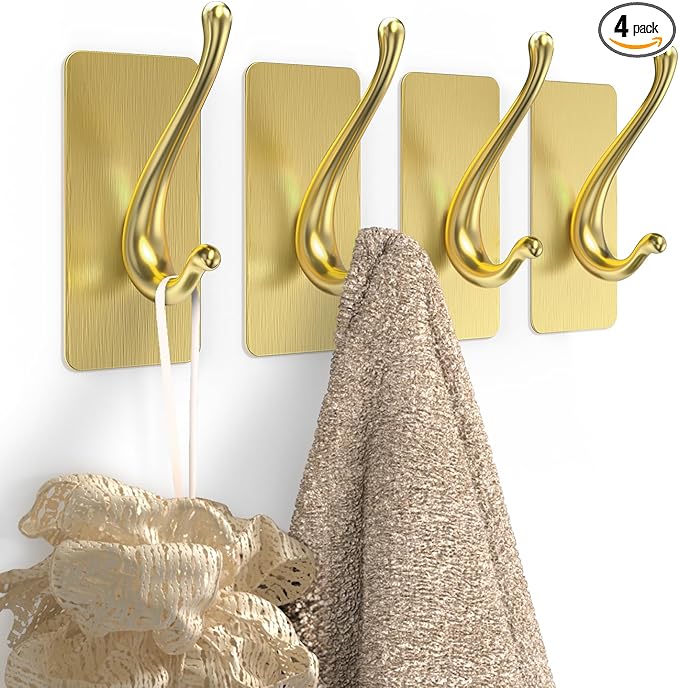 Towel Hooks, Solid Alloy Adhesive Wall Hooks for Hanging, Towel Hooks for Bathroom, RV, Kitchen, Closets, etc (Gold, 4 Pack)