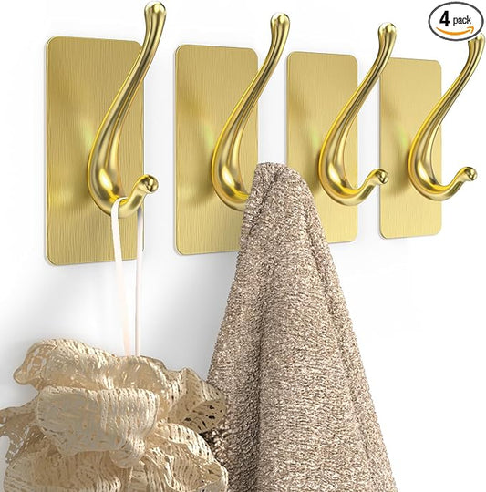 Towel Hooks, Solid Alloy Adhesive Wall Hooks for Hanging, Towel Hooks for Bathroom, RV, Kitchen, Closets, etc (Gold, 4 Pack)