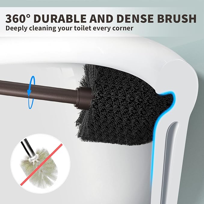 Toilet Brush and Holder 2 Pack, Toilet Bowl Brush with Extra Long Handle, Toilet Scrubber and Covered Holder, Toilet Brushes for Bathroom-Space Saving, Covered Brush, Durable, Deep Cleaning(Bronze)