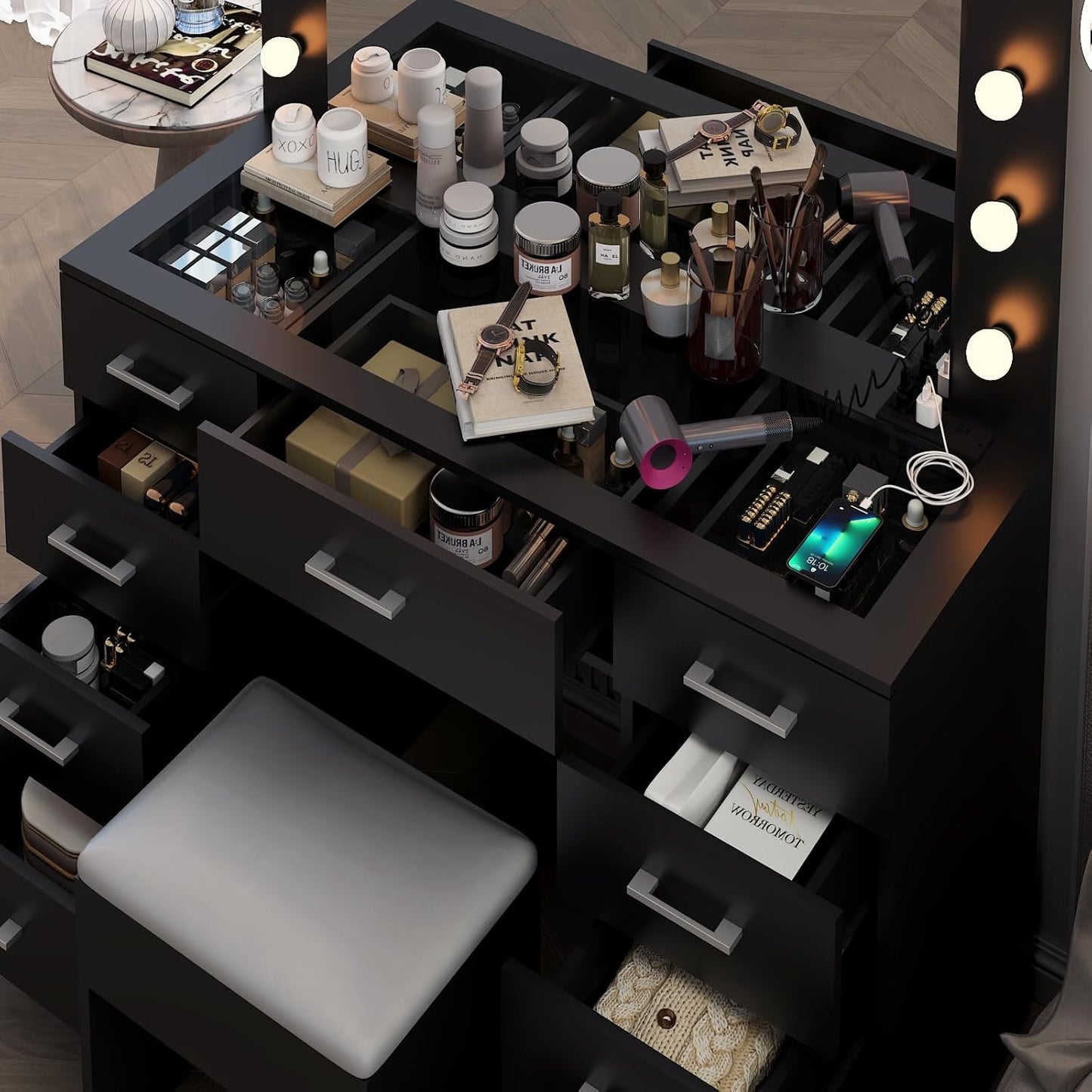 Karl home Vanity Desk with Large Lighted Mirror & Powre Outlet, Glass Tabletop Makeup Vanity Set with 9 Drawers, 45.3" Vanity Table with 3 Color Lighting Modes, Dressing Table for Women Girls, Black