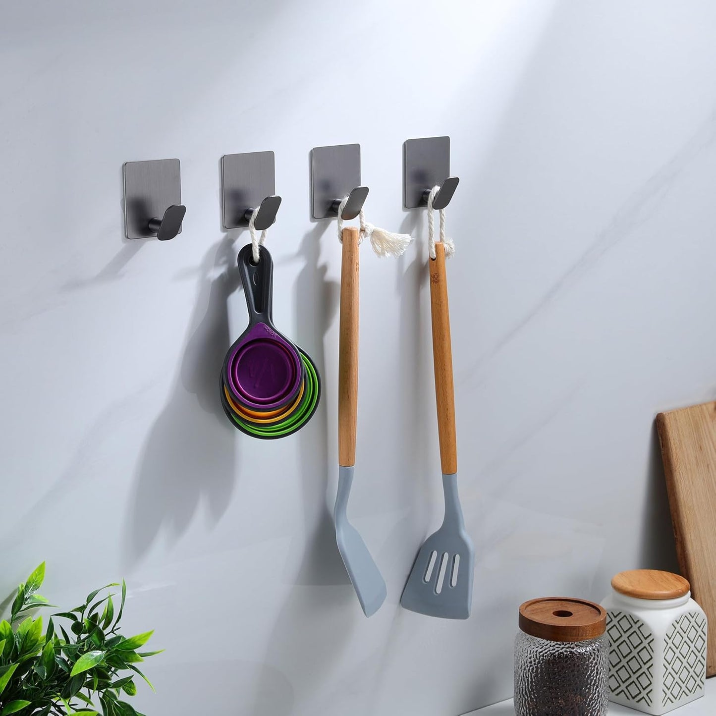 DELITON Towel Hooks for Bathrooms - 4 Pack Adhesive Wall Hooks Heavy Duty No Damage, Coat Robe Sticky Hooks for Hanging Waterproof SUS304 Stainless Steel, Grey