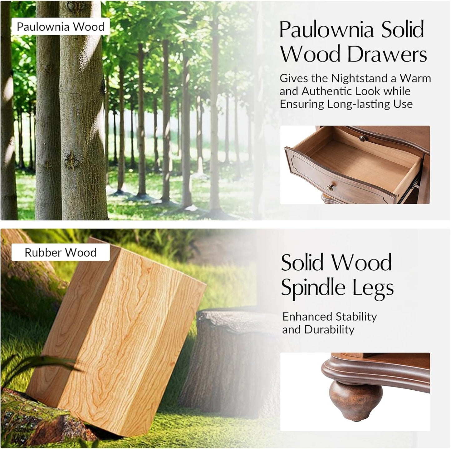 HULALA HOME Wooden Nightstand with Pull-Out Shelf, Mid Century Modern Nightstand with Solid Wood Drawers and Legs, Adjustable Storage, Brown