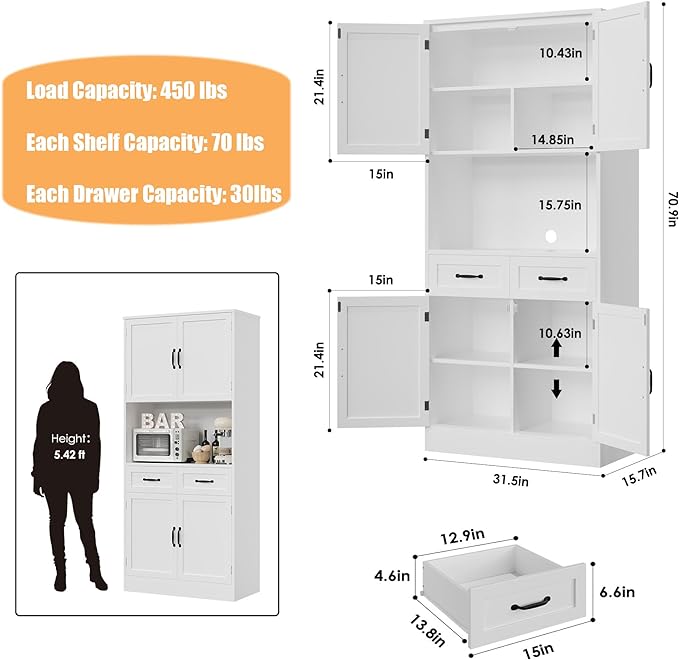 HOSTACK 71“ Tall Kitchen Pantry Storage Cabinet, Modern Kitchen Hutch Bar Cabinet with Microwave Stand, Wood Buffet Sideboard with Hutch, Cupboard with Drawers, Shelves for Dining Room, White