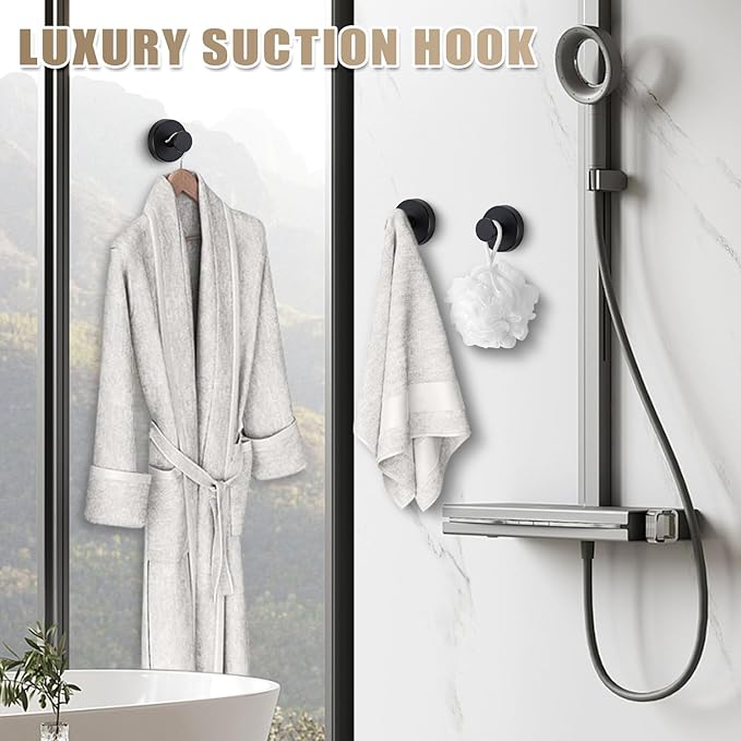 Suction Cup Hooks for Shower No-Drill Bathroom Hooks for Towels, Robes, Loofah Mountable on Bathroom Walls, Kitchen, Glass, Mirrors, Tile and Smooth,Non-Porous Surfaces (2, Matte Black)