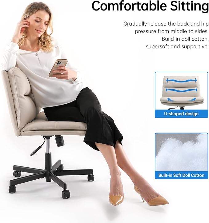 EMIAH Armless Office Desks Chair with Wheels PU-Padded Vanity Chair Mid-Back Ergonomic Home Office Computer Chair Comfortable Adjustable Swivel Task Chair with Thickened Cushion