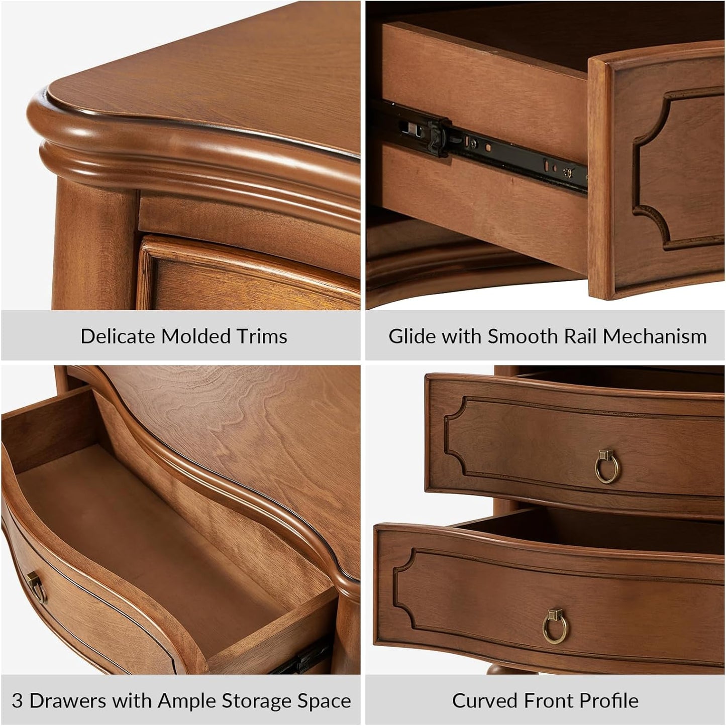 HULALA HOME Wood Nightstand with Charging Station, 3 Drawer Traditional Nightstands, End Table with Solid Wood Legs for Bedroom, USB Ports & Three-Prong Plugs, Walnut