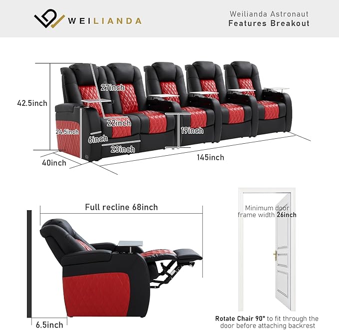 Home Theater Seating, Top Grain Leather Movie Seats Recliner Chair, Zero Gravity Reclining Gaming Sofa with Power Headrest 7 Colors Ambient Lighting 5 Seats Loveseat Left Black Dark Red