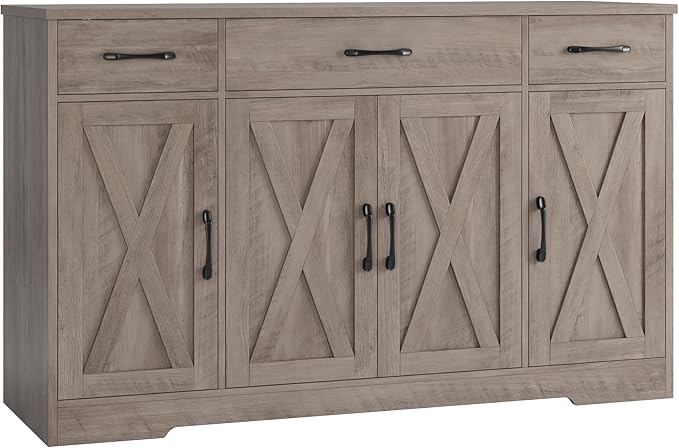 HOSTACK Buffet Sideboard Cabinet with Drawers, 55" Large Buffet Storage Cabinet with Shelves and Doors, Modern Farmhouse Coffee Bar Station for Kitchen, Dining Room, Ash Grey