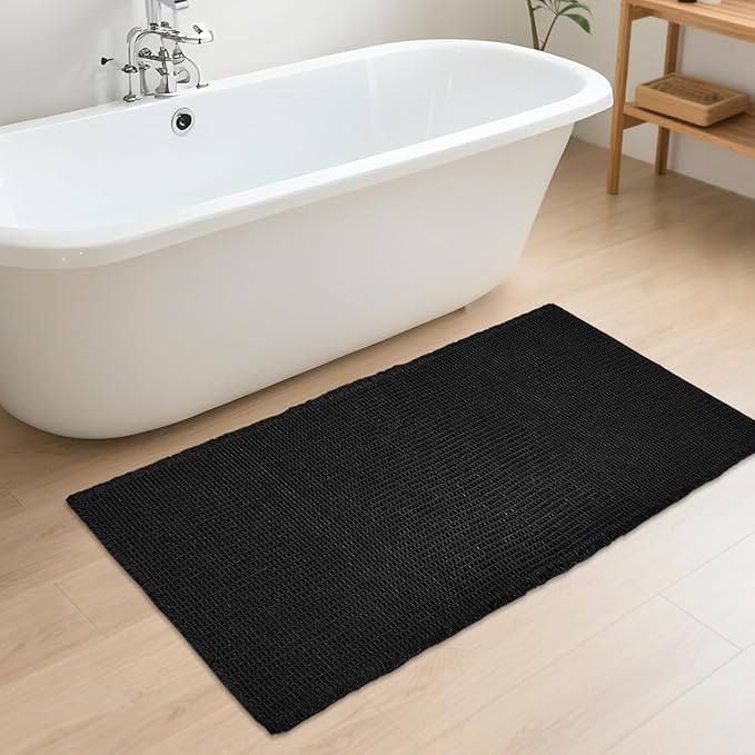ZALL Waffle Bath Mat Black Super Absorbent Non Slip Bathroom Rug,Rhombus Geometric 24x48inch,Machine Washable Ultra Soft Floor Mats