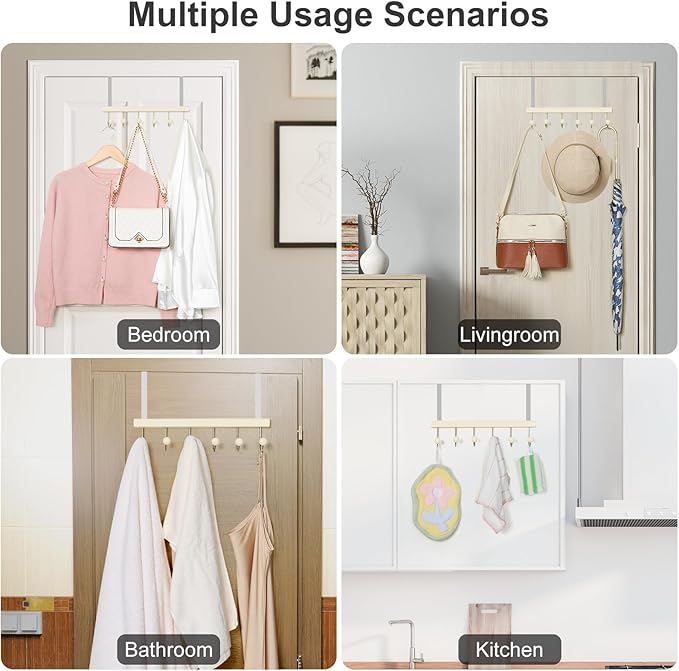 TOPIA HANGER Over The Door Hooks for Hanging, Towel Hooks Towel Racks for Bathroom, Coat Hooks Coat Rack Over The Door Organizer Hanging, Wooden Door Hangers for Coat Towel Hat Purse CT71W