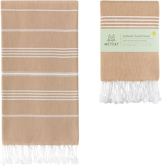 WETCAT Turkish Beach Towel Oversized (38"x71") 100% Turkish Cotton, Made in Turkey - Sand Free, Extra Large, Ultra Soft, Quick Drying, Compact & Lightweight for Travel - Tawny Brown