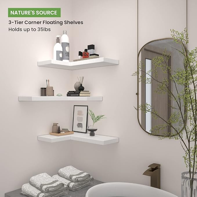 NATURE'S SOURCE Corner Floating Shelves with Invisible Brackets, Corner Shelves Wall Mounted Set of 3, Bedroom Bathroom Kitchen Living Room Office- Modern Style 16.6" x 6" (White)