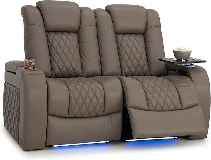 Seatcraft Diamante Zero-Gravity CoolZero Italian Leather Home Theater Seating, Power Headrest, Power Recline, Row of 2 Loveseat, Gray