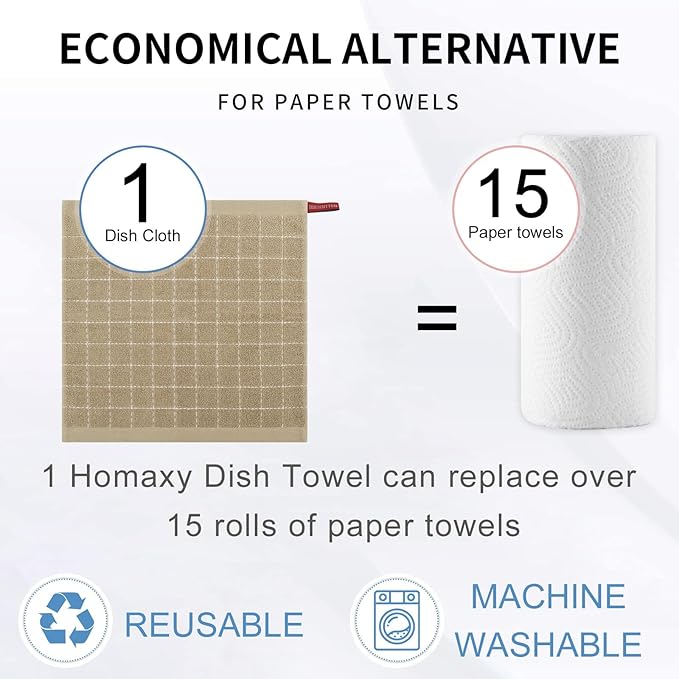 Homaxy 100% Cotton Terry Kitchen Dish Cloths, Ultra Soft and Absorbent Dish Towels for Kitchen, Perfect for Drying and Washing Dishes, 12 Pack, 12 x 12 Inches, Tan