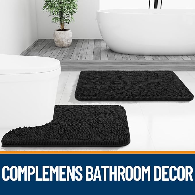 OLANLY Bathroom Rugs 45x27, Extra Soft Absorbent Chenille Bath Rugs, Rubber Backing Quick Dry, Machine Washable Bath Mats for Bathroom Floor, Tub and Shower, Home Decor Accessories, Black