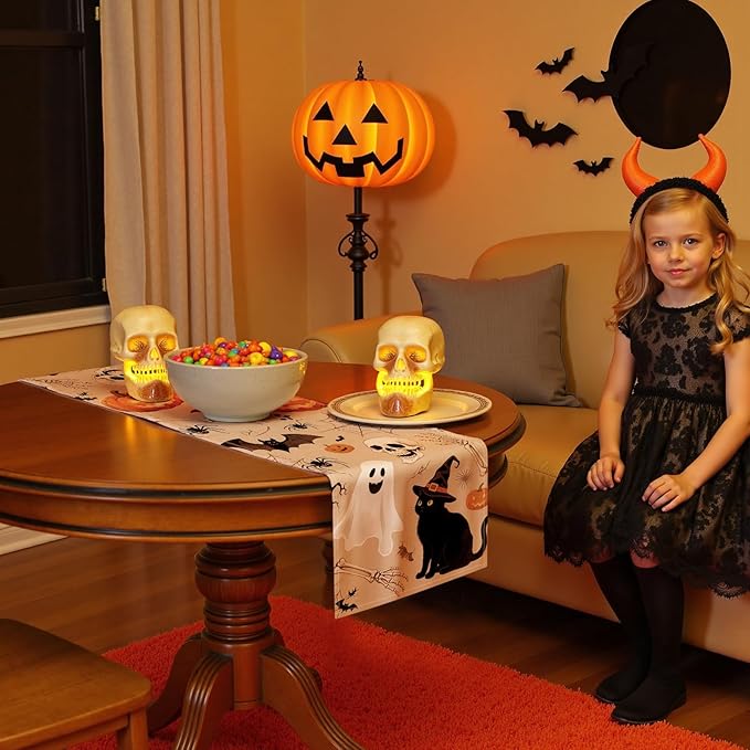 Halloween Table Runner with Ghosts,Black Cats,Pumpkins & Skeletons,Table Decoration for Dining Party and Home Decor,72x13 inches