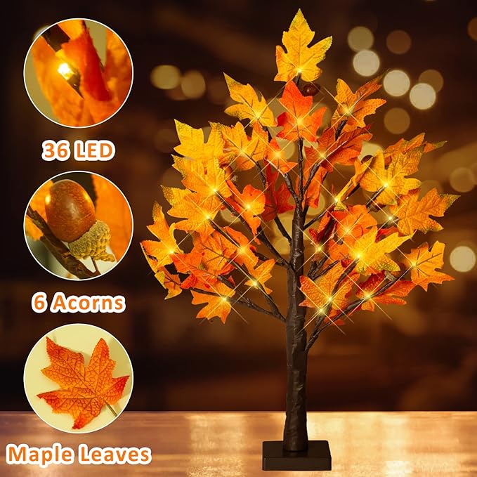 FastDeng 2ft Tabletop Lighted Maple Tree, 36 LED Warm White Artificial Fall Tree Lights with 6pcs Acorn Timing Battery Operated for Indoor Autumn Harvest Home Decor, Thanksgiving Decorations