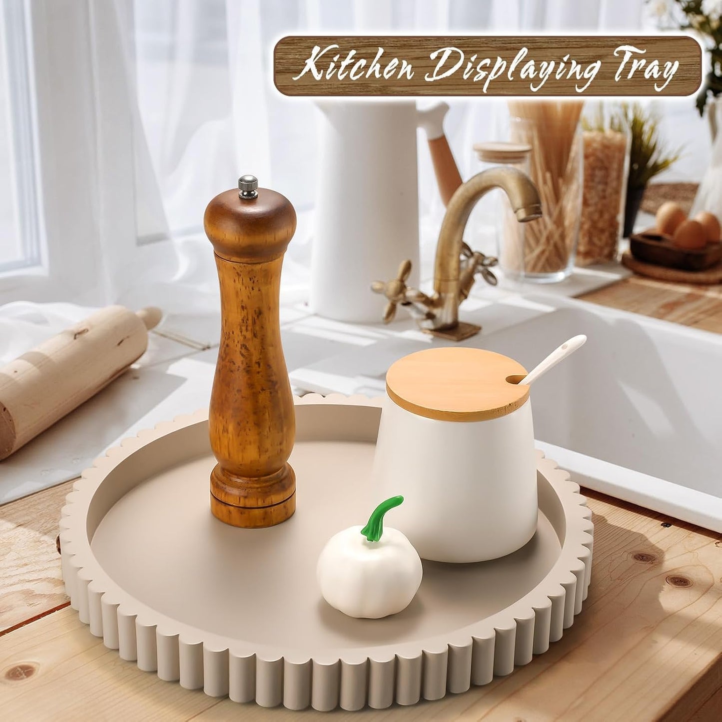 Handmade 12in Decorative Tray for Coffee Table Tray Decor, Gray Wooden Decorative Round Tray for for Coffee Table, Dining Room Table Entryway and Living Room Table