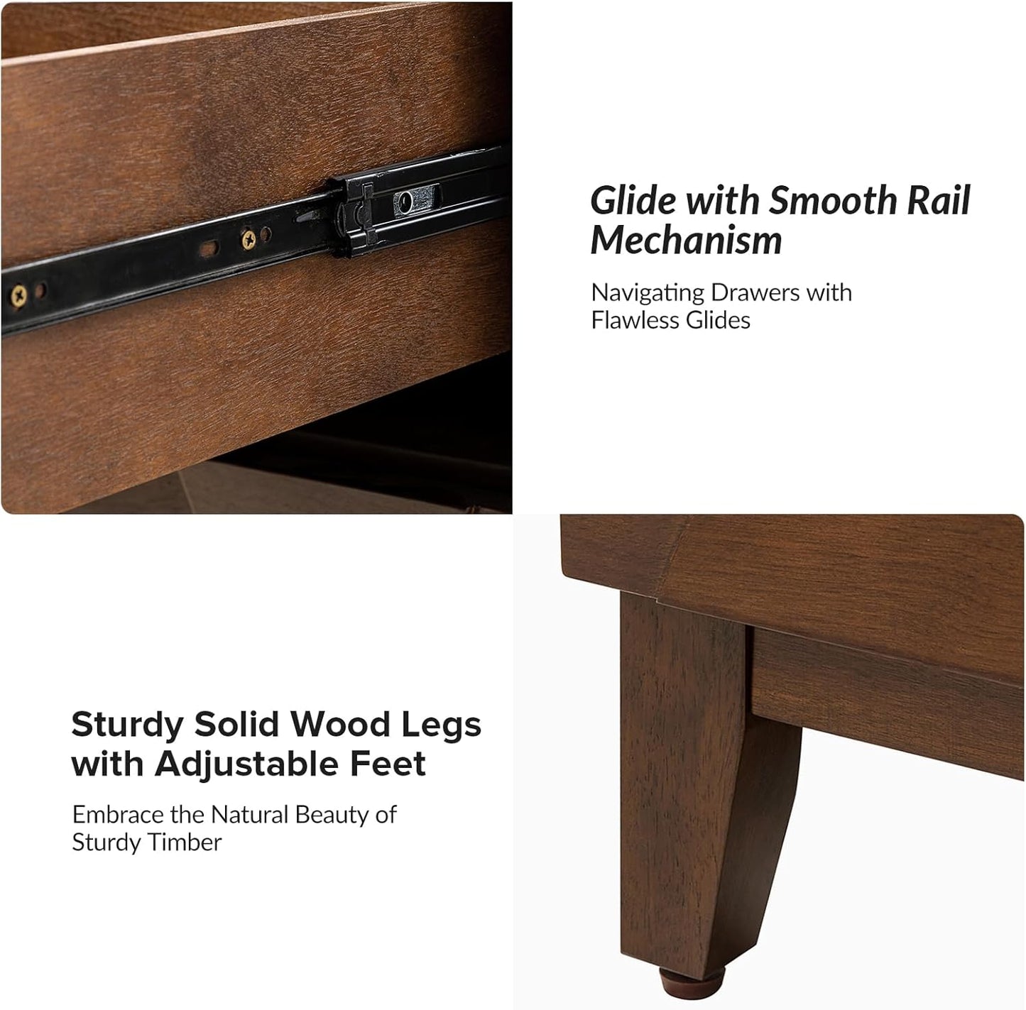 HULALA HOME Wood Nightstand with Charging Station 2 Drawer Dresser with Wooden Legs Mid Century Modern Bedside French Style End Table for Bedroom, Walnut