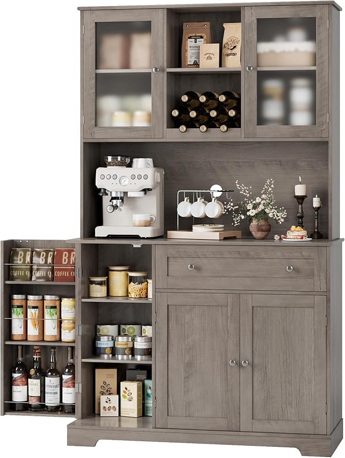 HOSTACK Kitchen Pantry Storage Cabinet with Hutch, Tall Kitchen Hutch with Microwave Stand, Food Pantry Cabinet with Doors and Shelves | Wine Rack for Dining Room, Ash Grey