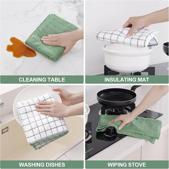 Homaxy Premium Cotton Kitchen Towels 16"x 28", Large Natural Ring Spun 390 GSM Dish Towels, Super Absorbent Terry Kitchen Hand Towels, Soft Tea Towel with Hanging Loop, Grass Green Check, 8 Pack