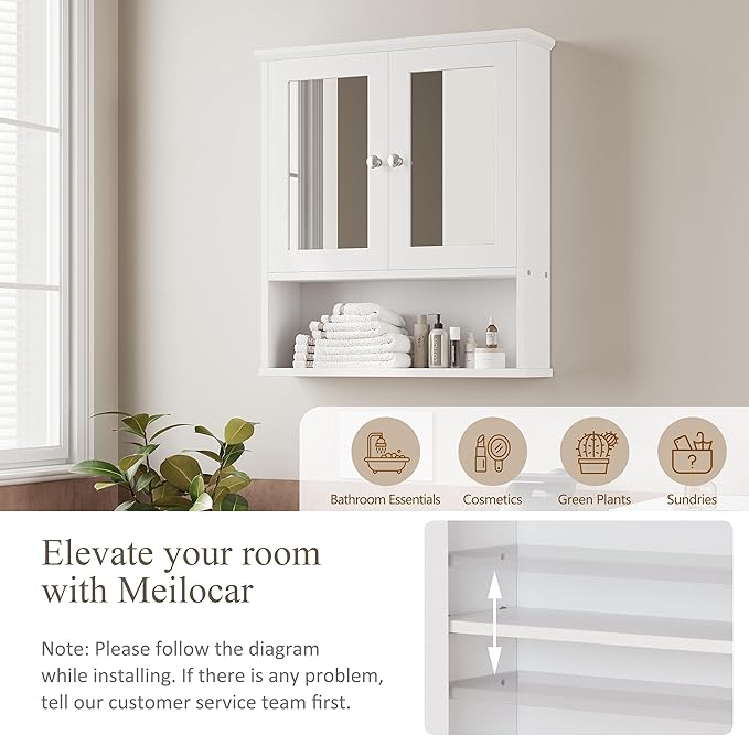 Meilocar Bathroom Wall Cabinet with Mirror, White Bathroom Mirror Cabinet Wall Mounted, Over Toilet Medicine Cabinets with Adjustable Shelf, White