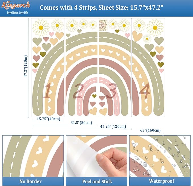 Large Boho Rainbow Wall Decals, Hearts Flowers Peel and Stick Fabric Nursery Wall Decor, Removable Home Room Wall Decor Murals Stickers for Kids Girls Toddler Bedroom Living Room Playroom