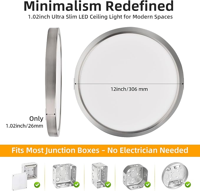 Hlite Brush Nickel 4pack 12 inch Flush Mount LED Ceiling Light Fixture, 24W 2400LM 3000K/4000K/5000K 3CCT Selectable Super Slim Light Fixtures Ceiling Mount for Kitchen, Bedroom