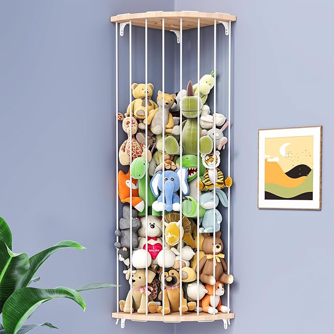 Stuffed Animal Storage & Toy Storage Organizer – Wooden Corner Hammock Shelf for Stuffed Animal Hammock Corner, Nursery, Playroom, Bedroom. Versatile Toy Organizer with Zoo Pattern