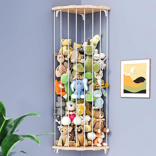 Stuffed Animal Storage & Toy Storage Organizer – Wooden Corner Hammock Shelf for Stuffed Animal Hammock Corner, Nursery, Playroom, Bedroom. Versatile Toy Organizer with Zoo Pattern