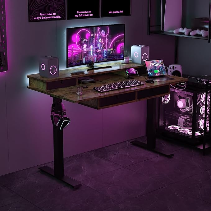 Adjustable Height Standing Desk with 4 Drawers & Wheels,55 x 30 inches Electric Sit Stand Desk for Home Office,3 Memory Presets,Monitor Stand Riser,USB A/C Charging Port