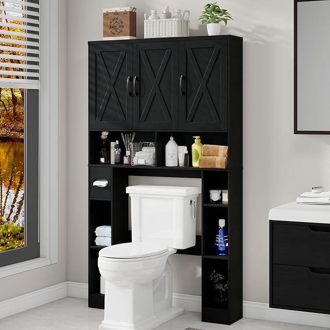Over The Toilet Storage Cabinet, Farmhouse Toilet Cabinet Rack with 3 Barn Doors, Space Saving Bathroom Organizer with Shelves, Toilet Paper Holder and Towel Rack for Bathroom,Restroom,Pure Black