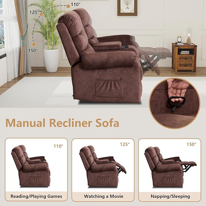 Loveseat Reclining Sofa, Home Theater Seating with Center Console, RV Recliner Sofa with Cup Holders and Pockets, Manual Double Seater Recliner for Living Room, Motor Home (Flannel Brown)