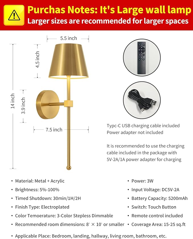 KDG Cordless Wall Sconces Set of 2, Wireless 5200mAh Rechargeable Battery LED Wall Lamps, Wall Lightings for Wall Painting, Outdoor, Garden, Living Room, Bedside, Hallway, Gifts, Night Light (Gold)