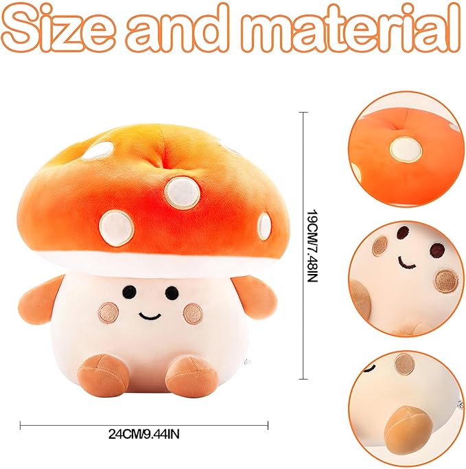 Mushroom Plush Toys 12 inch Cute Stuffed Mushroom Pillow Stuffed Toy Birthday Present Home Decor Halloween for Kids (Small Orange)