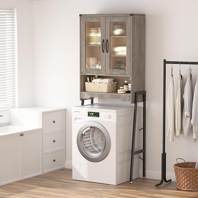 Over The Toilet Storage Cabinet with Tempered Glass Doors and Adjustable Shelf, Bathroom Organizer with Metal Stand Space Saver Over Toilet , Modern Toilet Rack for Bathroom, Restroom, Laundry, Grey