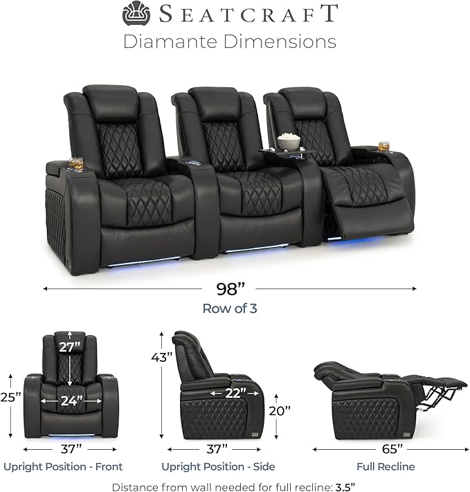 Seatcraft Diamante Zero-Gravity CoolZero Italian Leather Home Theater Seating, Power Headrest, Power Recline, Row of 3, Black
