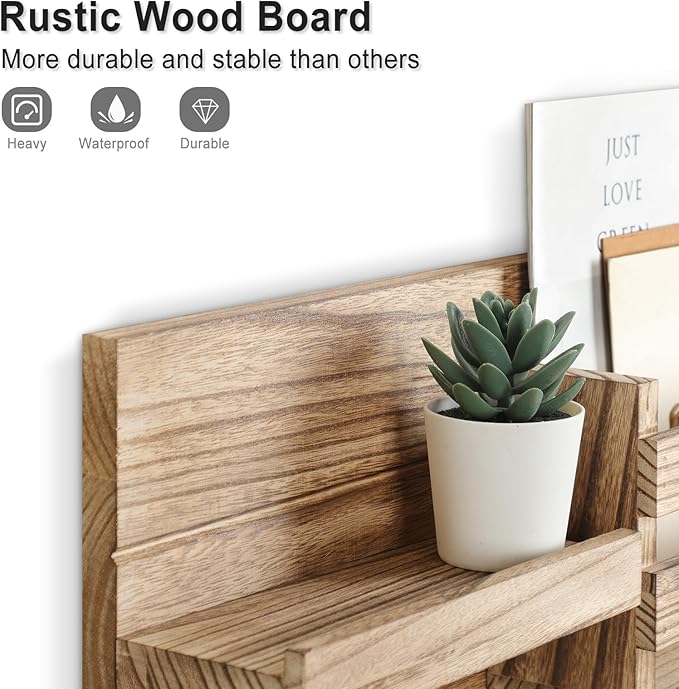 Mail Organizer for Wall Mount – Key Holder with Shelf Includes Letter Holder and Hooks for Coats, Dog Leashes – Rustic Wood with Flush Mounting Hardware (16.5” x 8.7” x 3.5”) (Wood)